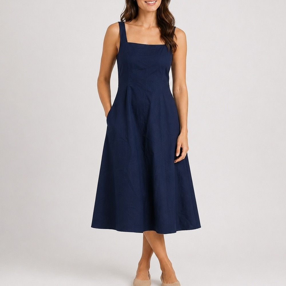 Quince Stretch Cotton Poplin Fit Flare Midi Dress Date Party Trip Navy Large NWT